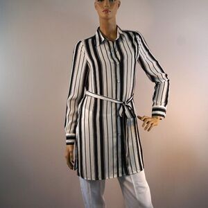 Karen Kane Womens Striped Tunic Blouse Sz XS Black White Belted